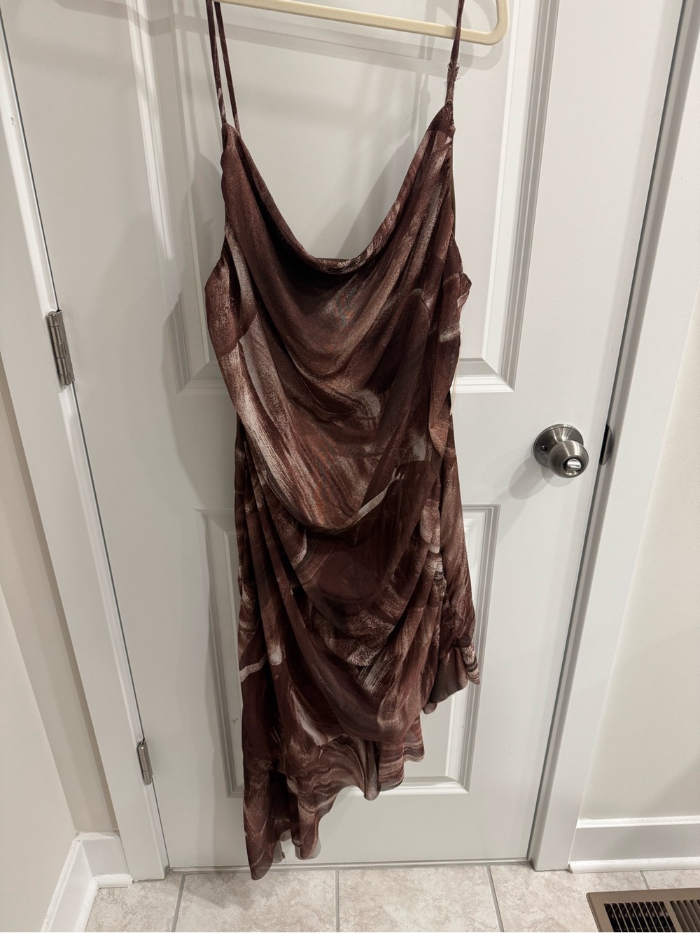 NWT Persaya Brown Abstract Mesh Cowl Neck Ruched Dress Plus Size 3X